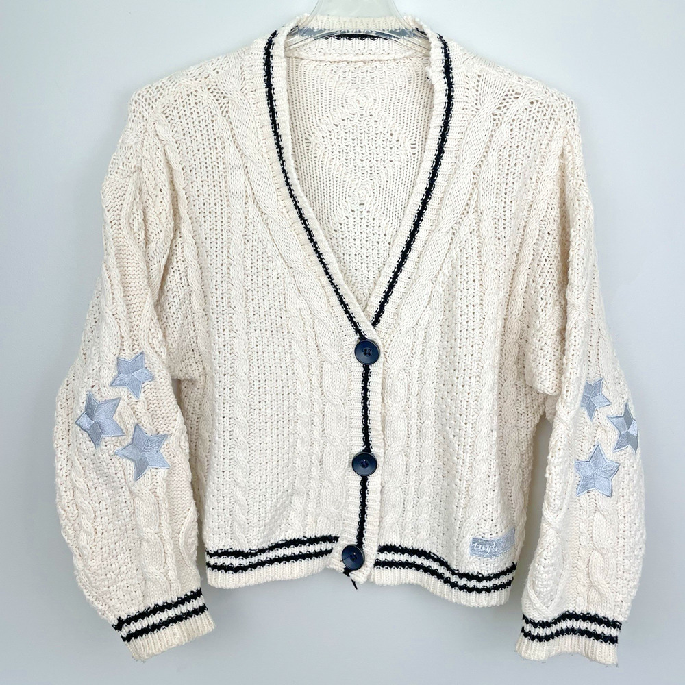 Taylor Swift Folklore Cardigan Replica Size M Ivory Cable Knit Star Patches - Picture 1 of 7